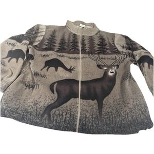 VTG Collections ETC Deer All Over Print Fleece Full Zip Up Fleece Misses L